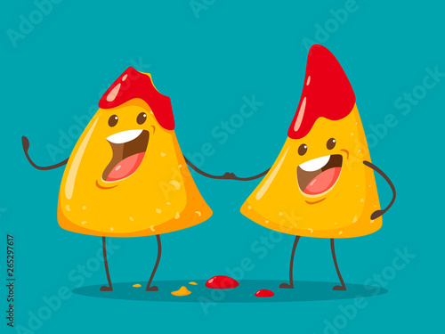 Bitten cheerful nachos in tomato salsa. Vector illustration