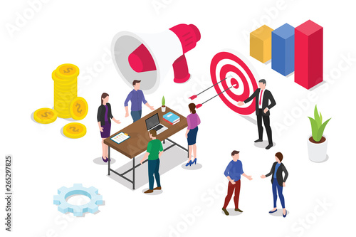 isometric 3d business strategy concept with team people working together debate and discuss with graph report - vector