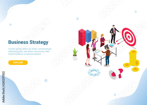 isometric 3d business strategy concept with team people working together for website template banner or landing homepage - vector