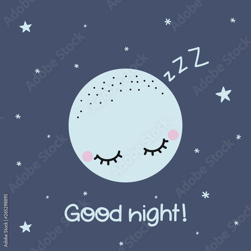 Good night - cute moon decoration. Little moon and star, cute characters set, posters for nursery room, greeting cards, kids and baby clothes. 