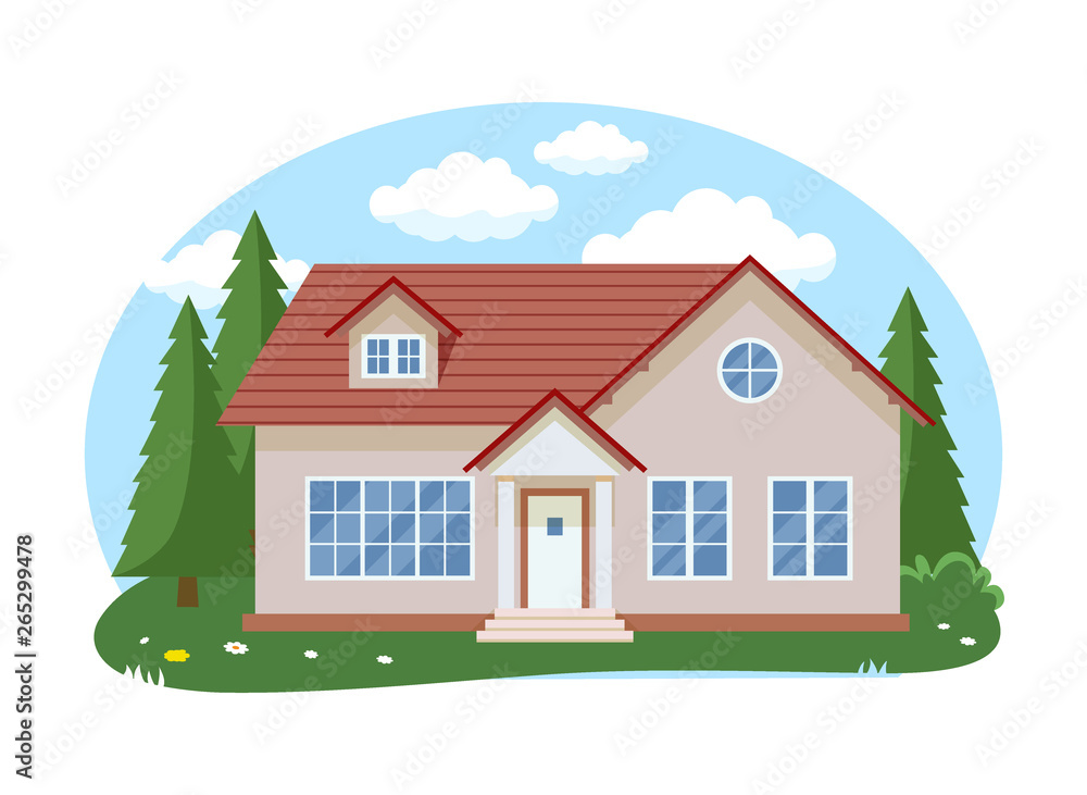 Cartoon house exterior with blue clouded sky Front Home Architecture  Concept Flat Design Style. Vector illustration of Facade Building Stock  Vector | Adobe Stock