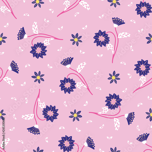 Retro delicate floral daisies seamless pattern. All over print vector  background. Pretty summer 1950s fashion style. Trendy vintage wallpaper  home decor. Hand drawn flower textile fabric. Purple Pink Stock Vector