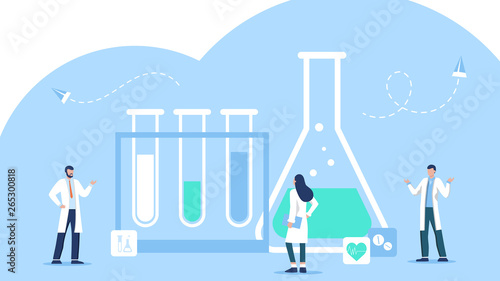 Research laboratory vector illustration concept, scientis working at laboratorium. Teamwork laboratory research with science glass tube with chemiceal liquid illustration concept