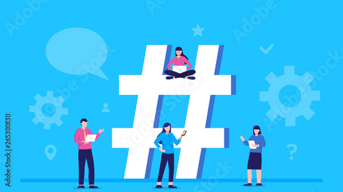 Hashtag concept illustration of young people using mobile phone, tablet and laptop for sending posts and sharing them with friends in social media. Flat vector hashtag big symbol. follow the trend