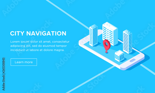 Location pointer on smartphone screen map. GPS city navigation concept. Isometric vector illustration. The mobile application creates a route for moving around the city.