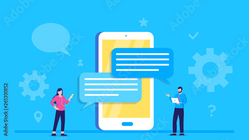 Online chat, vector illustration people use smartphone for chatting in social media, instant message can use for, landing page, template, web, poster, banner. Smartphone screen with speech bubbles
