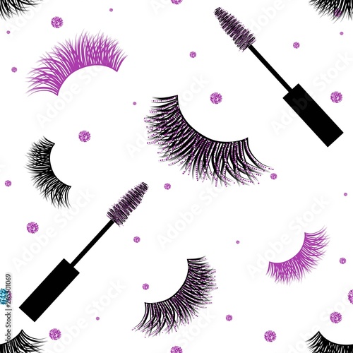 Seamless Vector Pattern with Lashes and Mascara with glitter effect