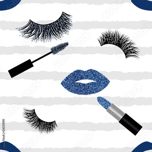 Lips, lashes, mascara and lipstick with glitter effect seamless  vector pattern