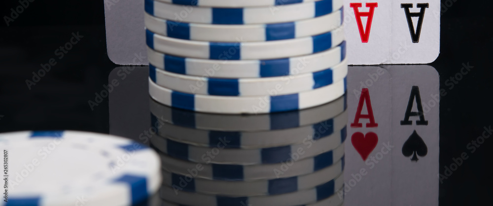 in the black background of the game table, two cards are reflected to win blackjack in the black background of the game table, two cards are reflected to win blackjack