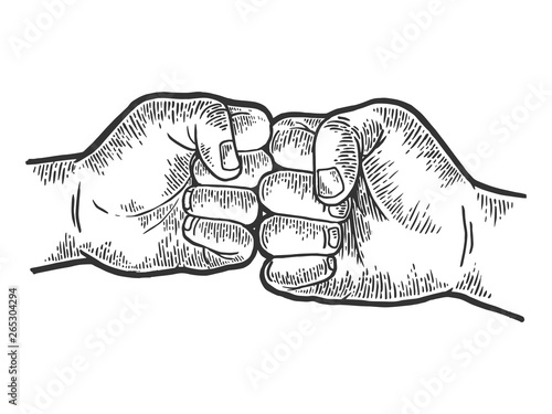 Fist greeting sketch engraving vector illustration. Scratch board style imitation. Black and white hand drawn image.