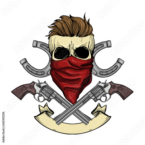 Hand drawn sketch, color skull with horseshoe, revolver, headscarf face mask
