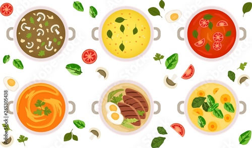 Food cartoon flat icon set isolated on white background. Soup top view