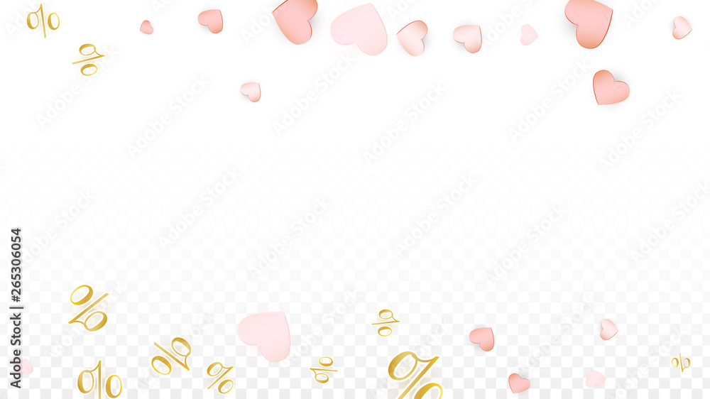 Vector Percentage Sign and Hearts Confetti on Transparent Background. Percent Sale Background. Business, Economics, Finance Print. Discount Illustration.
