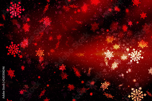 New year. Christmas. Red abstract background, vignette, snowflakes. Copy space.Bright red abstract Christmas background with falling snowflakes.Winter holiday of Christmas. Abstract background