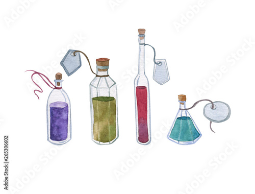 Set of Magic potions. Watercolor illustration isolated on a white background. Glass flasks