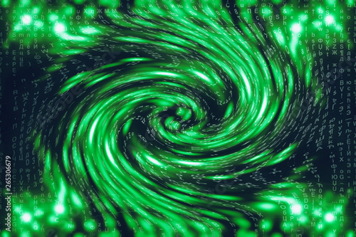 Green blue matrix digital background. Distorted cyberspace concept. Characters fall down in wormhole. Hacked matrix. Virtual reality design. Complex algorithm data hacking. Green digital sparks.