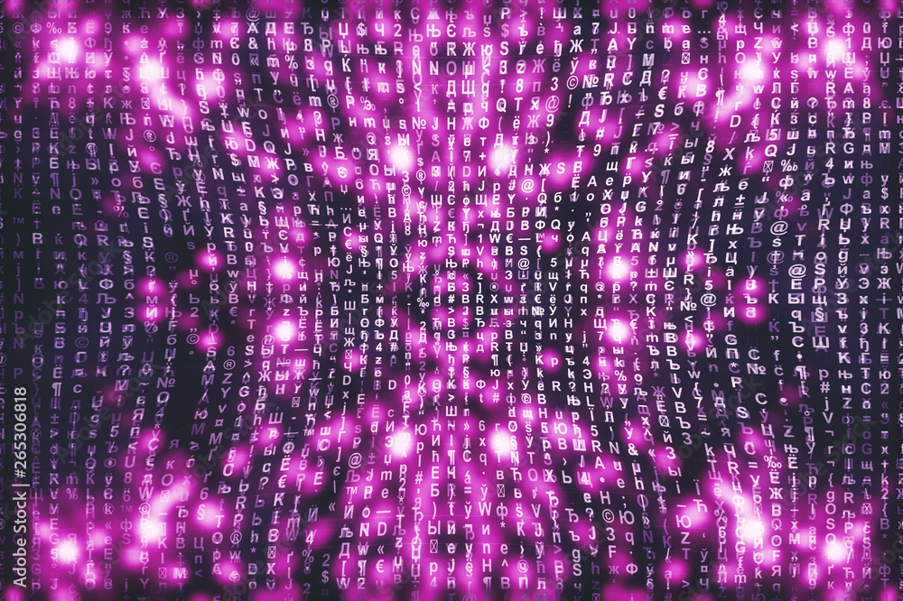 Pink matrix digital background. Abstract cyberspace concept. Characters fall down. Matrix from symbols stream. Virtual reality design. Complex algorithm data hacking. Pink digital sparks.