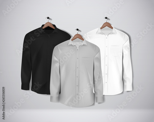 Black, white and gray color formal shirt set. Blank dress shirt with buttons.