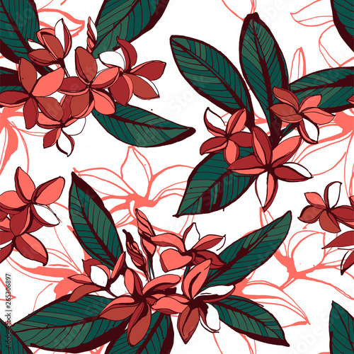 Tropical floral summer seamless pattern with plumeria flowers palm leaves