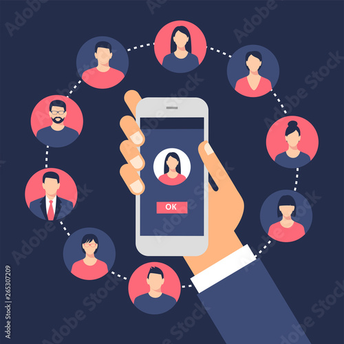 Communication concept with flat icons. Social network. Hardware Icons Set. Collection Of Network Structure, Smartphone, wireless and other elements.