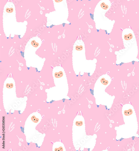 Seamless pattern with cute llama and hand drawn elements. Great for fabric, textile, nursery design, poster, birthday greeting card