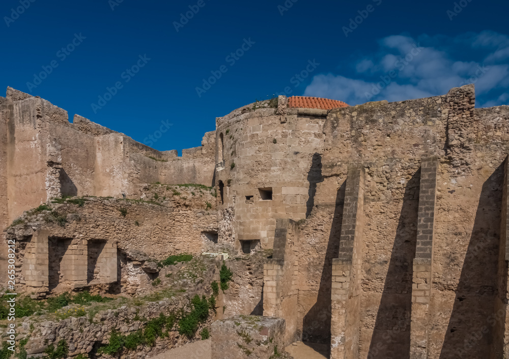 The impressive medieval sea-front ramparts of the city of Alghero (L’Alguer), province of Sassari , northwestern Sardinia, Italy.