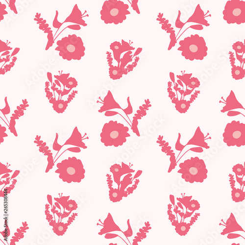 Floral bouquet silhouette seamless pattern in light pink and rose with spring daylilies, clematis and taller flowers. Repeat vector design, great for wedding, Mother's Day, Valentine's Day, textiles.