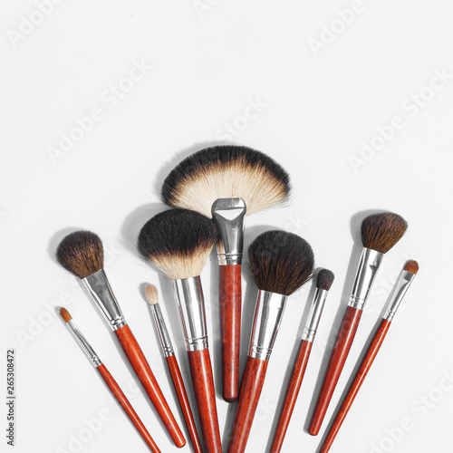 Makeup brush set, professional makeup tools, brushes for different functions on white background