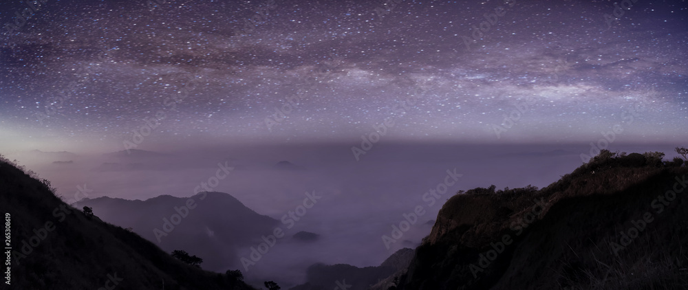 Panorama of Milky Way in the night with beautiful hill mountain . Milky ...