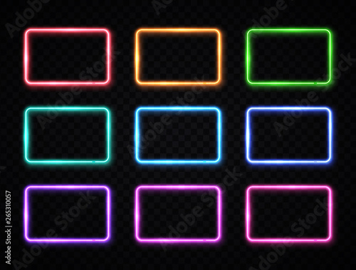 Colorful neon square signs set. Glowing color rectangles collection on transparent background. Shining led or halogen lamps frame banners. Bright futuristic vector illustration for decoration covering