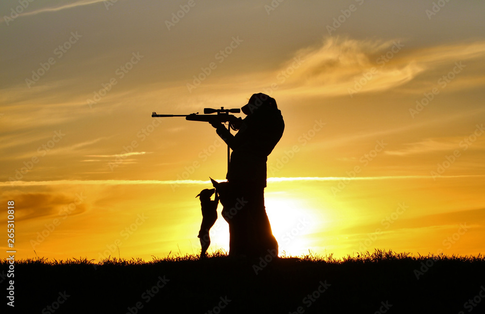 Silhouette of a girl with a rifle at sunset and two dogs, a breed of Belgian Shepherd dog Malinois and a miniature pinscher Silhouette of a girl with a rifle at sunset and two dogs, a breed of Belgian Shepherd dog Malinois and a miniature pinscher
