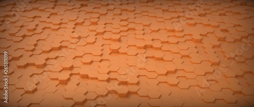 Orange metallic honeycomb hexagon background wallpaper. Perspective. 3D render