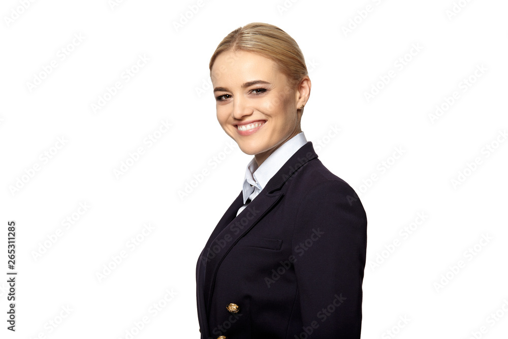 Friendly smiling young business woman isolated on white background Friendly smiling young business woman isolated on white background