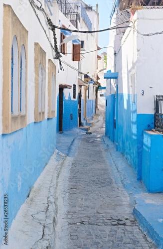 Blue city Chefchaouen street. Chefchaouen or Chaouen city in Morocco North Africa. Blue house walls on the street of an ancient city, blue color everywhere. © Boris