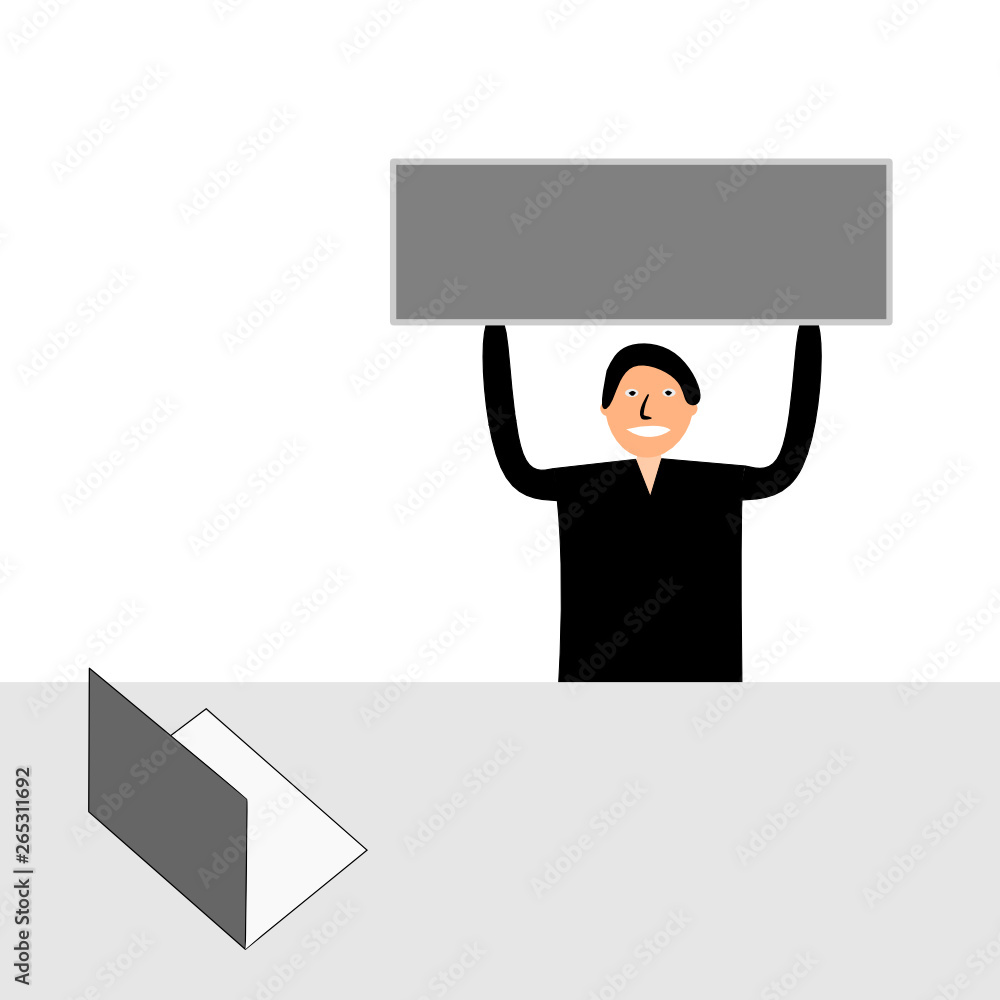 A man sits at a desk with a laptop and holds a banner in hands. A man sits at a desk with a laptop and holds a banner in hands.