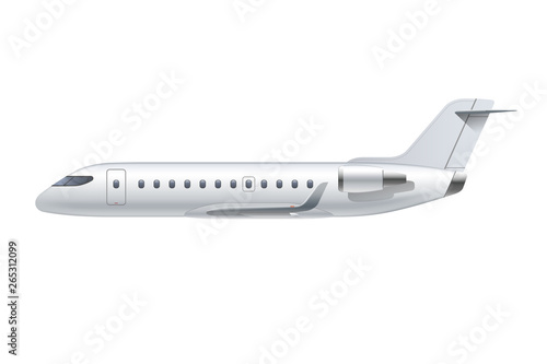 Flying airplane, regional jet aircraft, airliner. Side view of detailed passenger air plane isolated on white background. Vector illustration