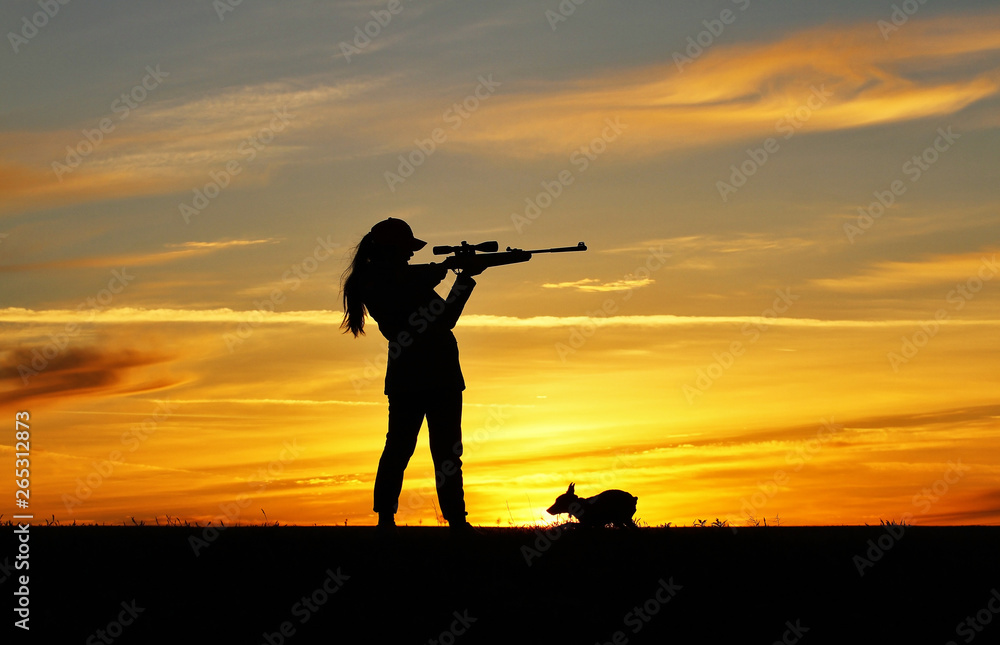 Silhouette of a girl with a rifle at sunset with a dog, a breed miniature pinscher
