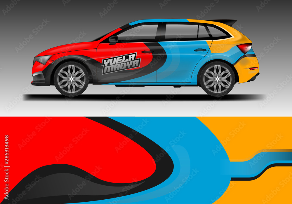 Naklejka premium Car decal van wrap design vector. Graphic company background designs . Van, bus, truck, wrap design.