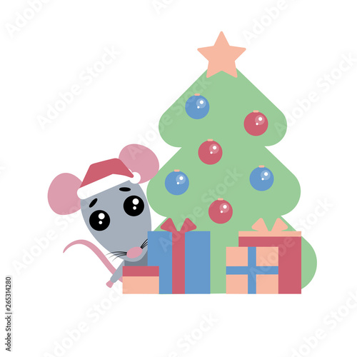 Cute rat  funny character with presents. Happy new year. 2020. Symbol of the year in the Eastern calendar. Balls on the tree. Vector illustration.