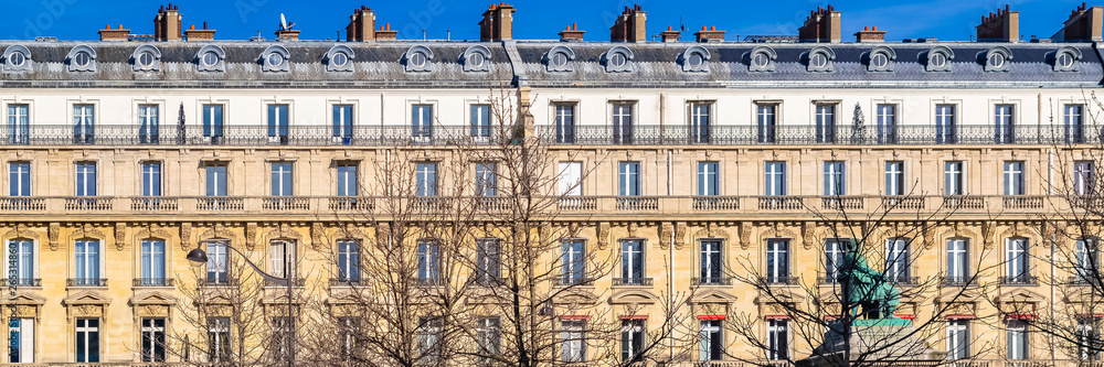 Paris, beautiful buildings in the center, typical parisian facades boulevard de Villiers 