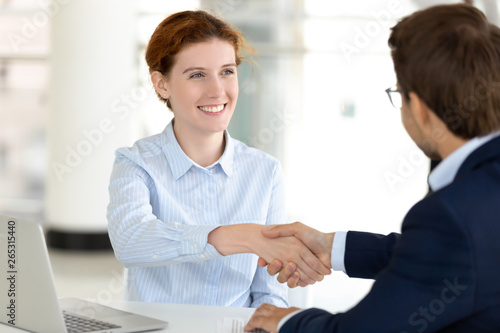 Smiling businesswoman manager broker handshaking businessman client at meeting