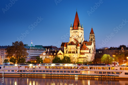 Photography Saint Francis of Assisi Church on Danube in Vienna, Austria at night