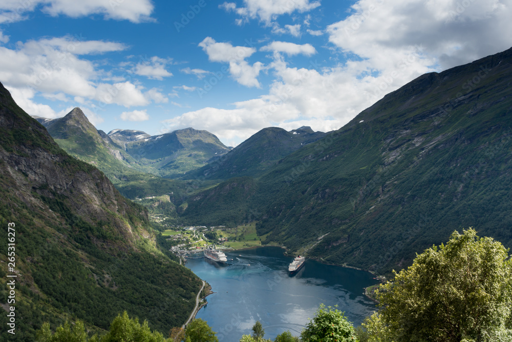 View over Geiranger town and Geiranger fjord, in Norway
