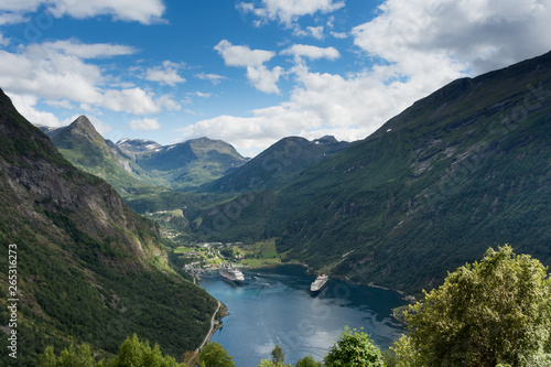 View over Geiranger town and Geiranger fjord, in Norway