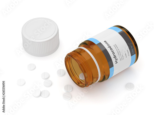 3d render of hydrocodone bottle with pills