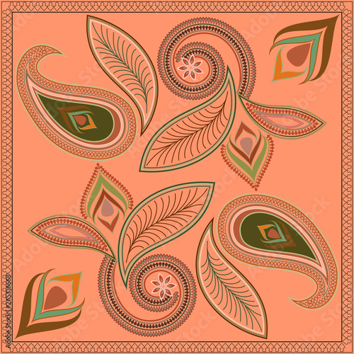 Bandana - paisley and geometric elements   print square. Vector colorful background. Traditional pattern. 