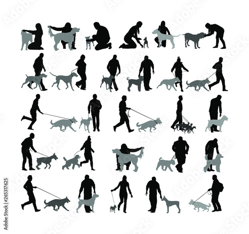 Owner keeps dog on the leash by running, champion dog vector silhouette, show exhibition. Finder detect explosives and drugs. Rescue activity dog for finding survive. Pet friendly. Shepard, Doberman,