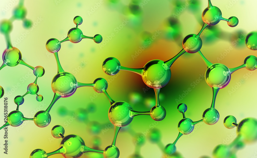 Abstract molecule model. Scientific research in molecular chemistry. 3D illustration on a pearl green background Abstract molecule model. Scientific research in molecular chemistry. 3D illustration on a pearl green background