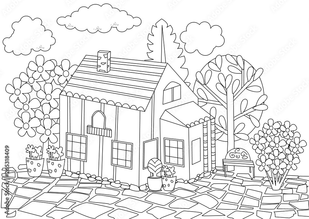 fashion house with blossom garden for your coloring book