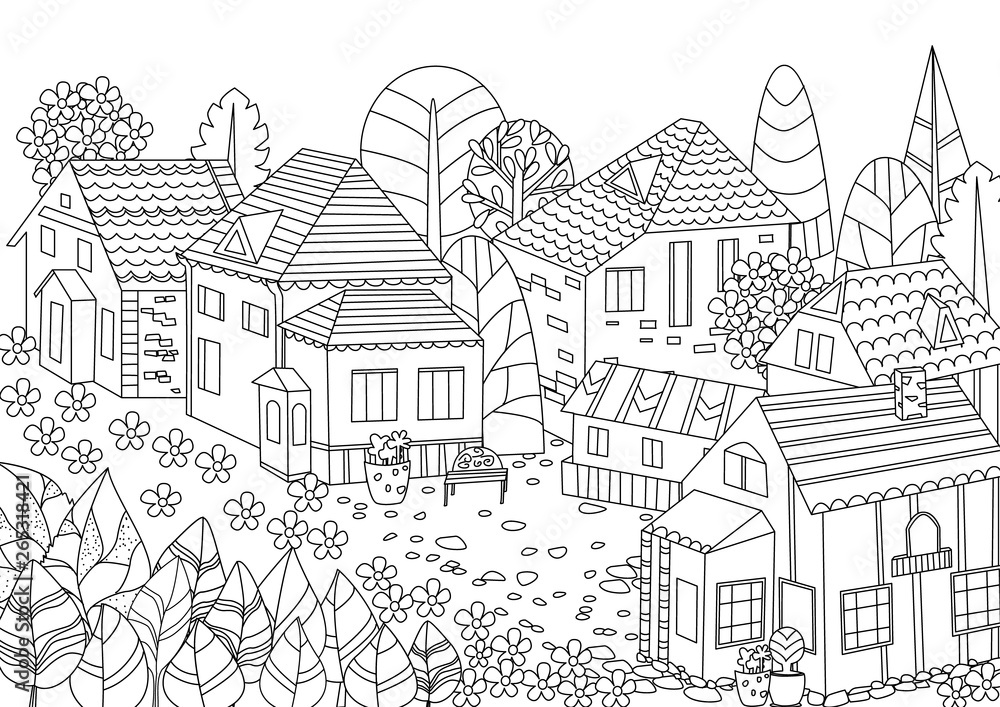cute rural town for your coloring book